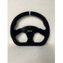 UNIVERSAL STEERING WHEEL D SHAPE  6 HOLE BLACK SUEDE WITH SILVER STITCHING  LINING