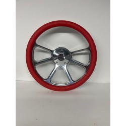 BILLET POLISH RED WRAP STEERING WHEEL UNIVERSAL 6 HOLE 14" 3 SPOKE