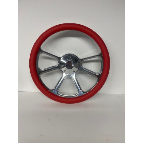 BILLET POLISH RED WRAP STEERING WHEEL UNIVERSAL 6 HOLE 14" 3 SPOKE