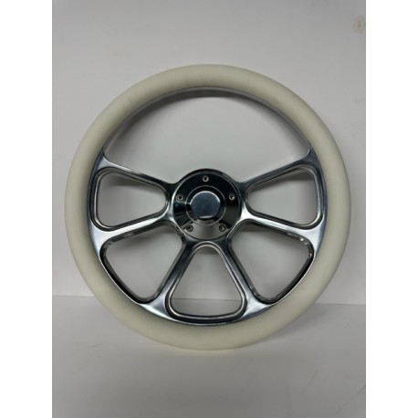 14"POLISH BILLET 5 HOLE STEERING WHEEL UNIVERSAL WITH WHITE WRAP SLEEVE