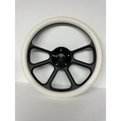 BLACK BILLET 3 SPOKE STEERING WHEEL 5 HOLE WITH WHITE SLEEVE WRAP