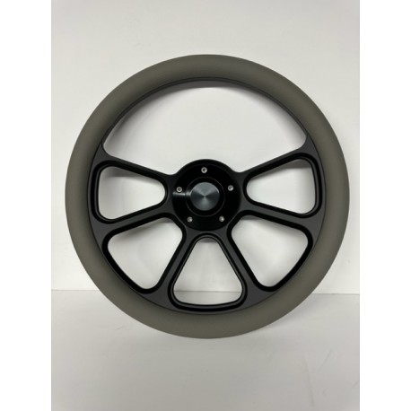 14"BLACK BILLET 3 SPOKE STEERING WHEEL 5 HOLE WITH GREY SLEEVE WRAP