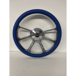 BILLET POLISH BLUE WRAP STEERING WHEEL UNIVERSAL 6 HOLE