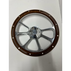 POLISH BILLET STEERING WHEEL 14" 5 LUG UNIVERSAL WITH WOOD WRAP SLEEVE