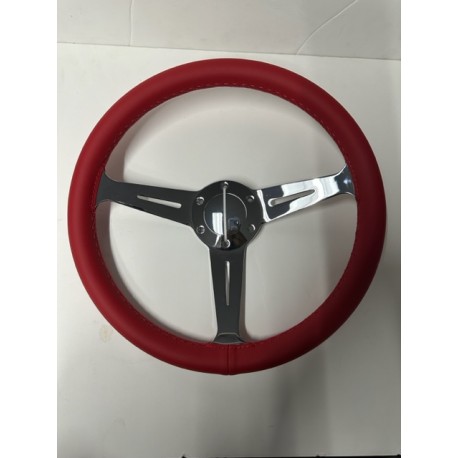 RED LEATHER 3 SPOKE CHROME 14" STEERING WHEEL