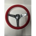 RED LEATHER 3 SPOKE CHROME 14" STEERING WHEEL