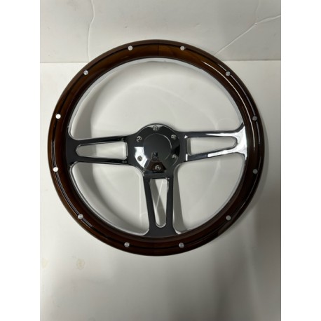 WOOD CHROME 3 SPOKE UNIVERSAL STEERING WHEEL 14"