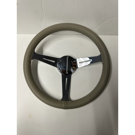 LEATHER GREY 3 SPOKE CHROME STEERING WHEEL 14" 6 HOLE