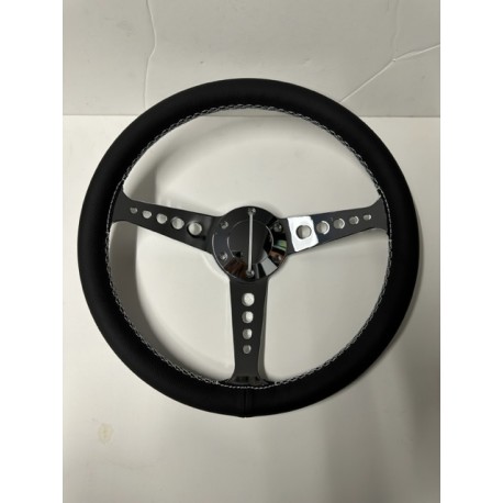 LEATHER BLACK 3 SPOKE HOLES CHROME UNIVERSAL STEERING WHEEL