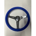 LEATHER BLUE 3 SPOKE CHROME UNIVERSAL STEERING WHEEL 14"