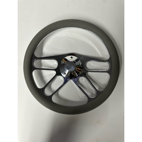 CHROME 4 SPOKE BILLET GREY STEERING WHEEL UNIVEERSAL 6 HOLE