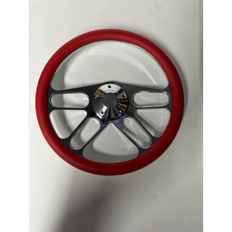 CHROME 4 SPOKE BILLET RED STEERING WHEEL UNIVERSAL 6 HOLE 14"