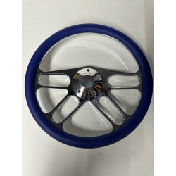 CHROME 4 SPOKE BILLET STEERING WHEEL WITH BLUE WRAP UNIVERSAL