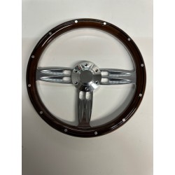 BILLET STEERING WHEEL 3 SPOKE POLISH CENTER WOOD WRAP 6 HOLE