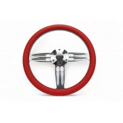 UNIVERSAL BILLET POLISH 3 SPOKE BARRELL STYLE WITH RED WRAP STEERING WHEEL