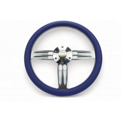 UNIVERSAL BILLET POLISH 3 SPOKE BARRELL STYLE WITH BLUE WRAP STEERING WHEEL