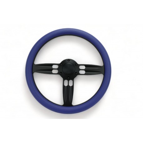 UNIVERSAL BILLET BLACK 3 SPOKE BARRELL STYLE WITH BLUE WRAP STEERING WHEEL