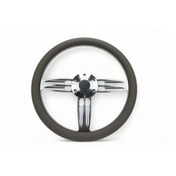 UNIVERSAL BILLET POLISH 3 SPOKE BARRELL STYLE WITH GREY WRAP STEERING WHEEL