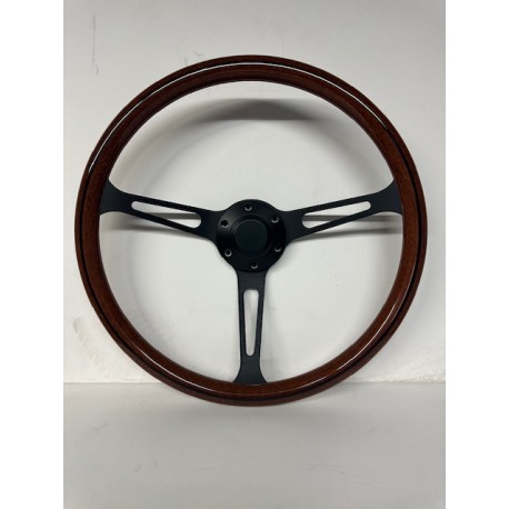 UNIVERSAL 15" STEERING WHEEL BLACK 3 SPOKE SLANTED WOOD STYLE