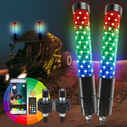 LED 2FT FAT WHIP ANTENNA PAIR RGB MULTICOLOR WITH QUICK RELEASE BLUETOOTH  REMOTE