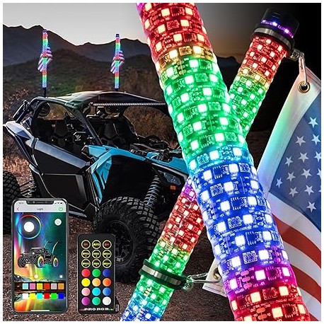 LED 3FT FAT WHIP ANTENNA PAIR RGB MULTICOLOR WITH QUICK RELEASE BLUETOOTH  REMOTE