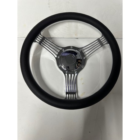 CHROME BILLET 3 SPOKE STEERING WHEEL WITH BLACK WRAP 9 HOLE UNIVERSAL