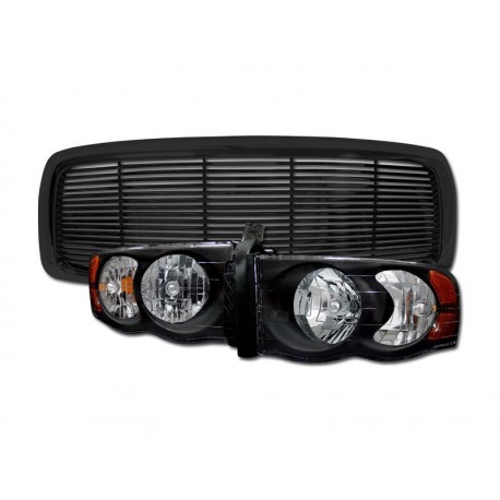 Dodge Ram 2002-2005 Black Horizontal Grille combo with Headlights Black Amber Housing