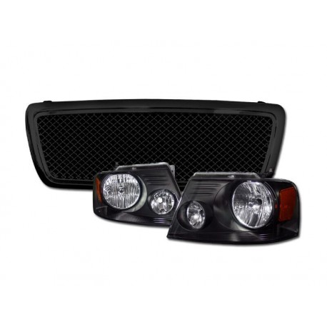2004-2008 Ford F 150 Glossy Black  Style Mesh Grille Replacement with black housing headlights