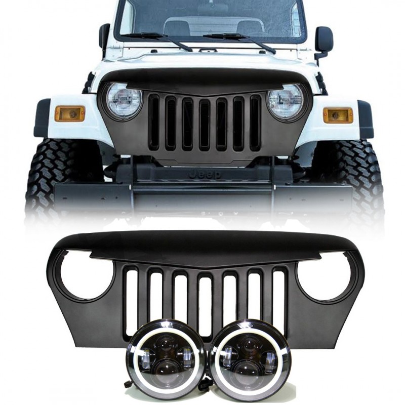 Jeep TJ Wrangler 1997-2006 Matt Black gladiator grille Replacement with halo  projector led headlights
