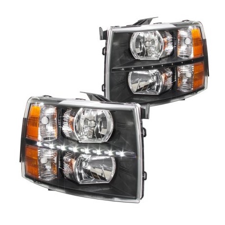 2007-2013 CHEVY SILVERADO BLACK AMBER WITH LED STRIP HEADLIGHTS