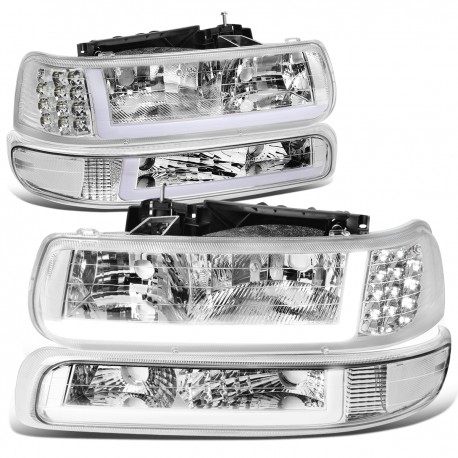 1999-2002 CHEVY SILVERADO TAHOE CHROME HEADLIGHTS COMBO WITH LED C BAR DRL LIGHTS