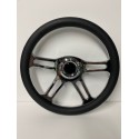 UNIVEERSAL 6 HOLE STEERING WHEEL BLACK LEATHER STYLE WITH CHROME 4 SPOKE CENTER