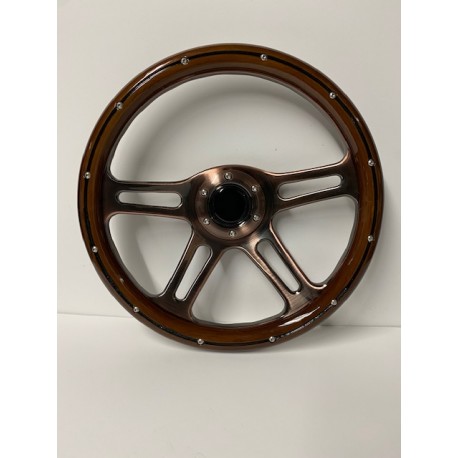 UNIVERSAL 6 HOLE STEERING WHEEL WOOD STYLE WITH BRONZE BRUSHED 4 SPOKE