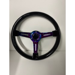 BLACK NEO CHROME STEERING WHEEL 3 SPOKE WITH 6 HOLE UNIVERSAL