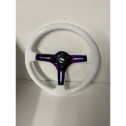 WHITE NEO CHROME STEERING WHEEL 3 SPOKE WITH 6 HOLE UNIVERSAL