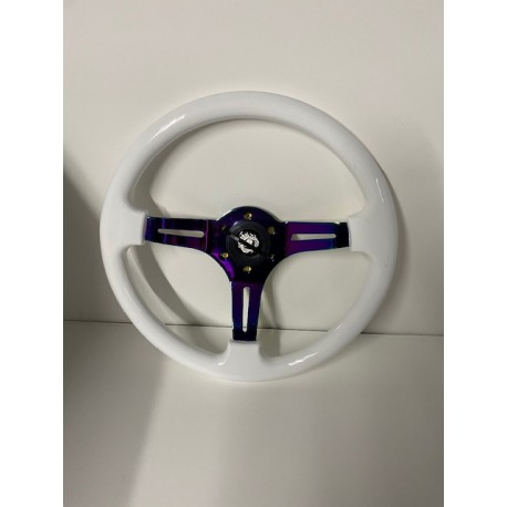 WHITE NEO CHROME STEERING WHEEL 3 SPOKE WITH 6 HOLE UNIVERSAL