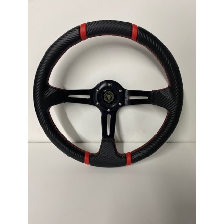 UNIVERSAL 6 HOLE DEEP DISH STEERING WHEEL BLACK CARBON WRAP WITH RED STRIPE 4 SPOKE