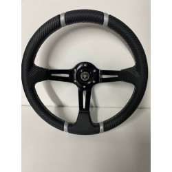 UNIVERSAL 6 HOLE DEEP DISH STEERING WHEEL BLACK WRAP WITH SILVER STRIPE 4 SPOKE