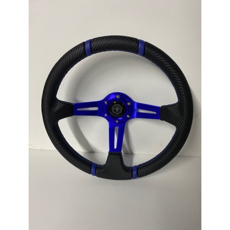 UNIVERSAL 6 HOLE DEEP DISH STEERING WHEEL BLACK CARBON WRAP WITH BLUE  STRIPE 4 SPOKE