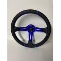 UNIVERSAL 6 HOLE DEEP DISH STEERING WHEEL BLACK CARBON WRAP WITH BLUE  STRIPE 4 SPOKE