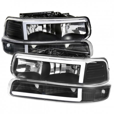 1999-2002 CHEVY SILVERADO 00-06 TAHOE SUBURBAN BLACK CLEAR LED C BAR DRL HEADLIGHT COMBO KIT