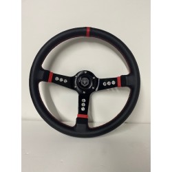 DEEP DISH 350MM STEERING WHEEL BLACK RED WITH SLOTTED HOLES 6 HOLE UNIVERSAL