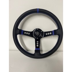 DEEP DISH 350MM STEERING WHEEL BLACK BLUE WITH SLOTTED HOLES 6 HOLE UNIVERSAL