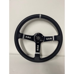 DEEP DISH 350MM STEERING WHEEL BLACK SILVER WITH SLOTTED HOLES 6 HOLE UNIVERSAL