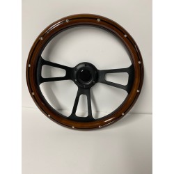 WOOD STEERING WHEEL UNIVERSAL 6 HOLE WITH 3 SPOKE BLACK CENTER