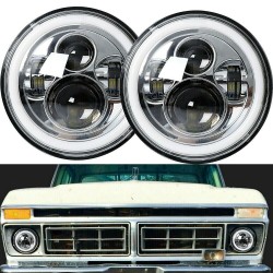 UNIVERSAL LED 7" ROUND HEADLIGHTS PROJECTOR WHITE HALO HIGH LOW BEAM PAIR